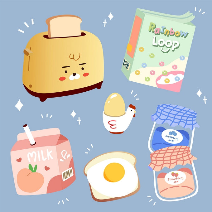 Kawaii breakfast illustration: smiling toaster, Rainbow Loop cereal, egg, milk and jam jars
