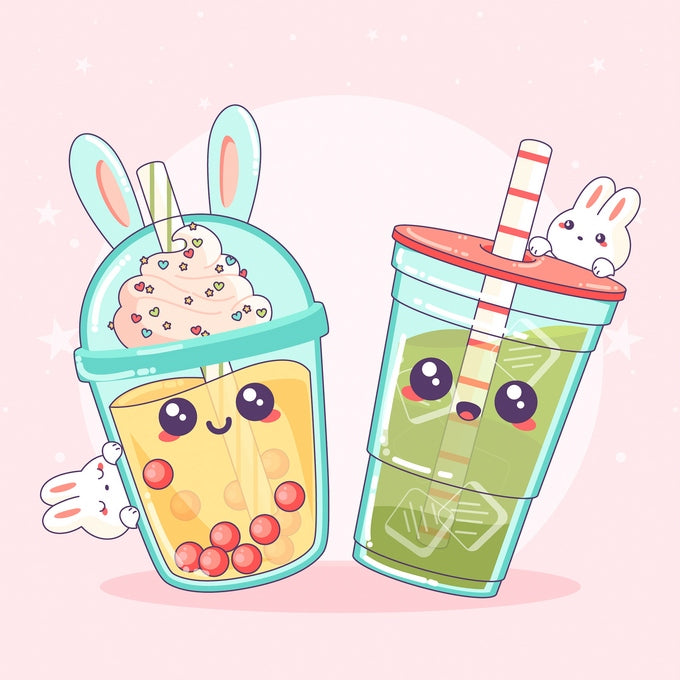 Kawaii illustration of two bubble tea cups with bunny ears and peeking bunnies