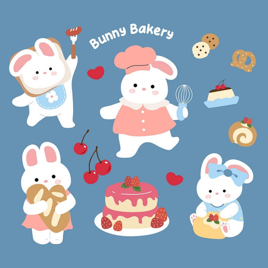 Kawaii bunny characters baking cakes, pretzels and cherries at Bunny Bakery