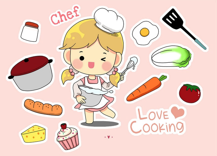 Kawaii chef girl whisking batter next to cute kitchen stickers