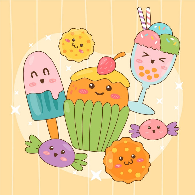 Kawaii-Illustration von Cupcake, Eis am Stiel, Eisbecher, Keksen und Bonbons