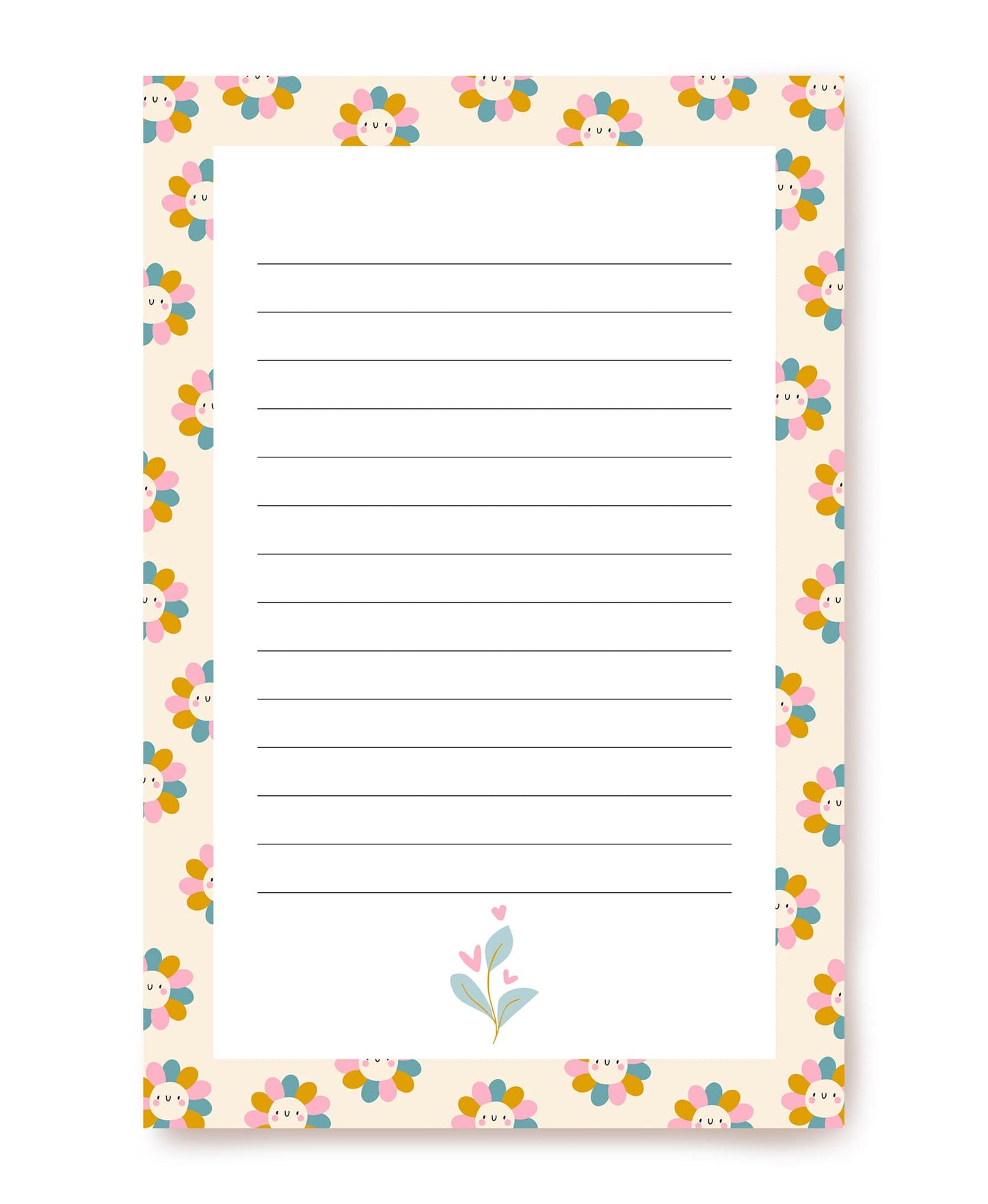 Ruled writing paper bordered with tiny smiling daisies and a flower-heart doodle at the bottom