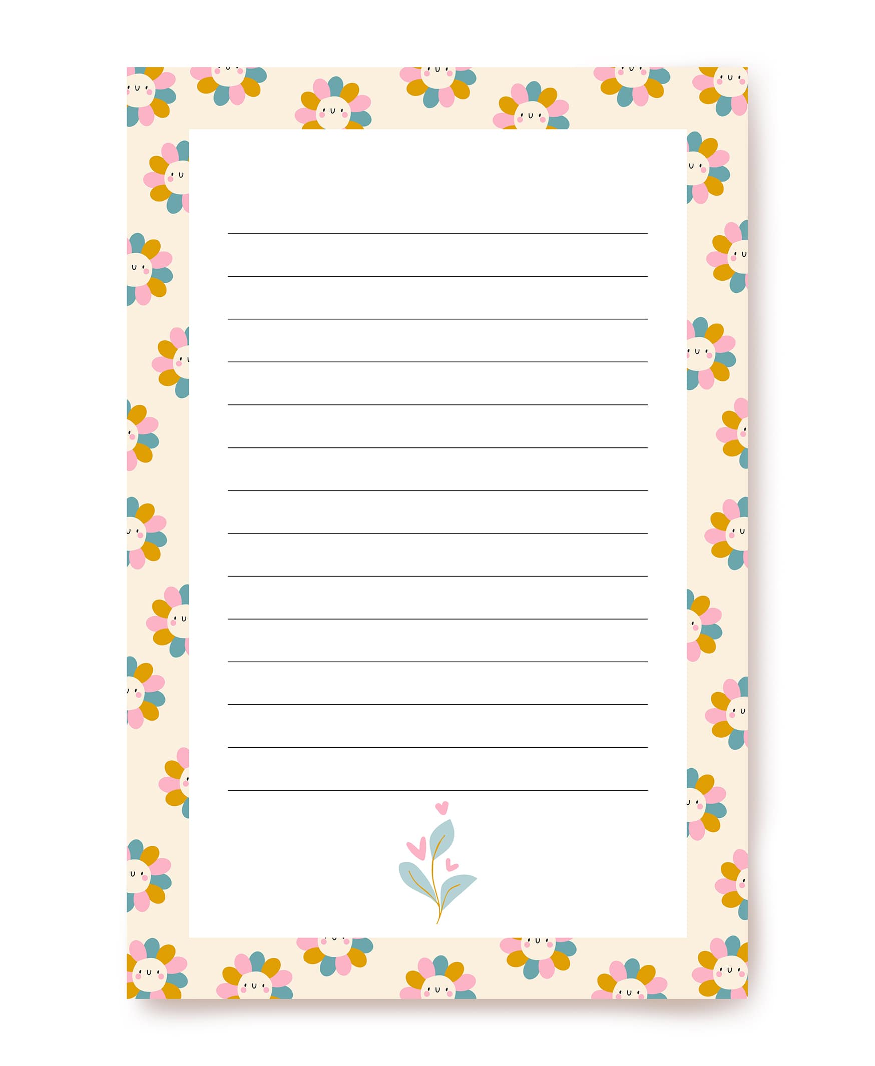 Ruled writing paper bordered with tiny smiling daisies and a flower-heart doodle at the bottom