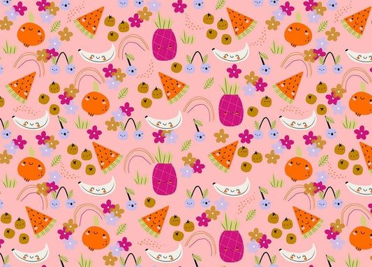 Seamless pattern of kawaii pineapples, watermelons, bananas, and rainbows on pink background