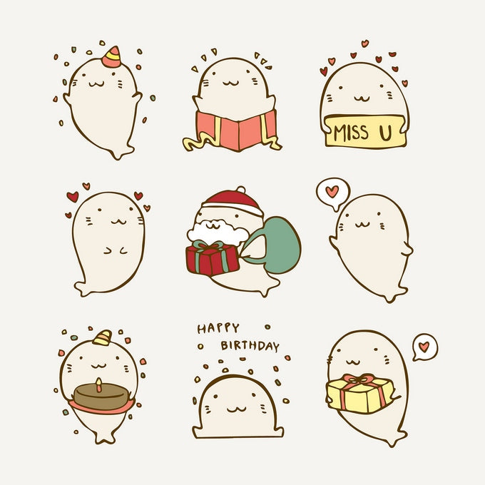 Kawaii ghost mascot in nine scenes: birthday, gift box, Santa outfit, and ‘MISS U’ banner