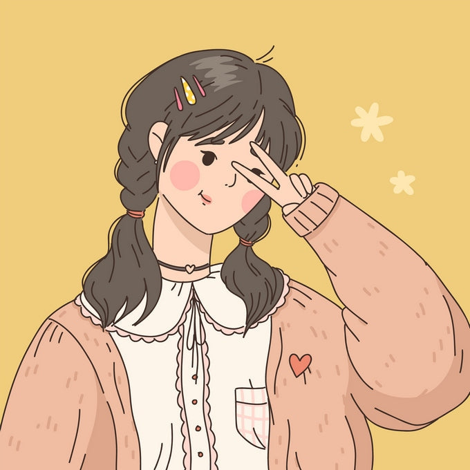 Kawaii girl with braided pigtails making a peace sign gesture