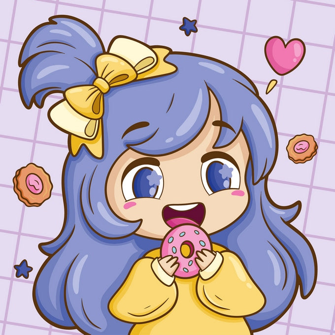 Illustrated kawaii girl with blue hair biting into a pink sprinkled donut