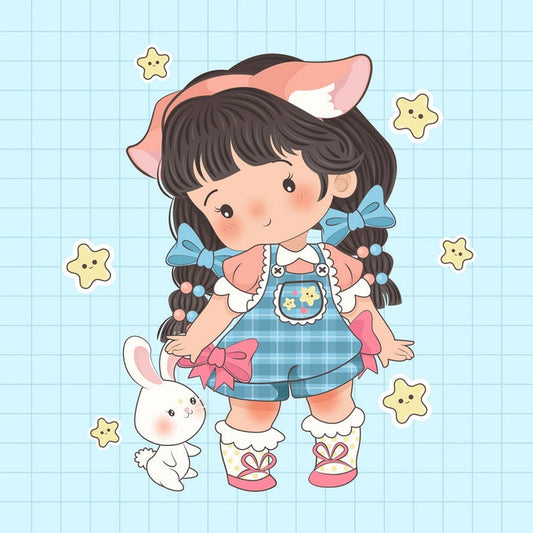 Kawaii girl in blue plaid overalls standing beside a white pet bunny