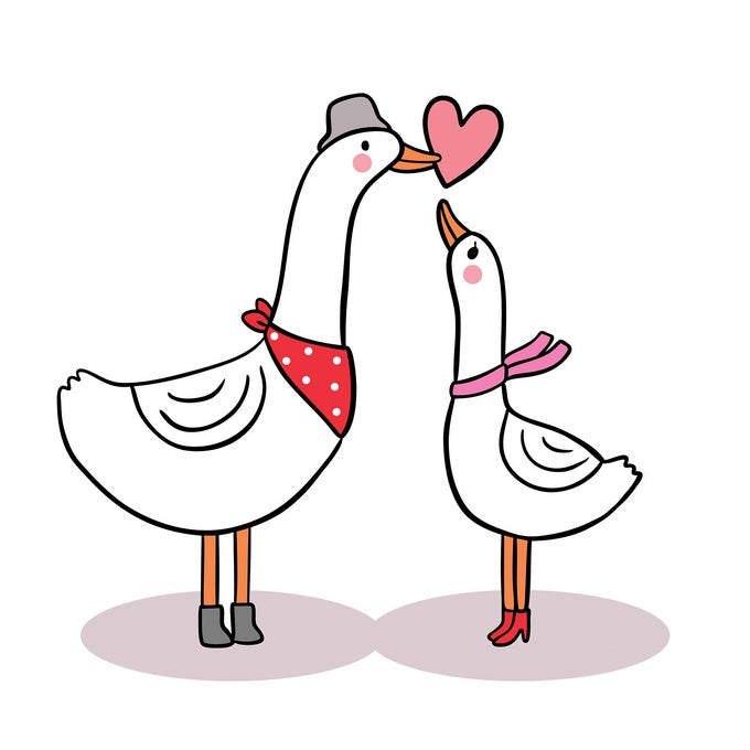 Zwei kawaii Gänse mit Herz, eine mit Hut und Halstuch, die andere mit rosa Schal