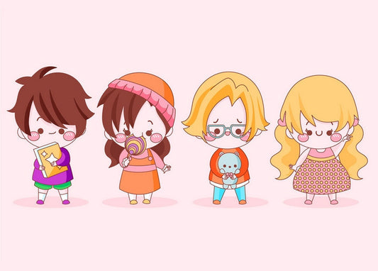 Four kawaii kids — a boy reading, a girl with a lollipop, a boy hugging a teddy bear, a curly-haired girl waving