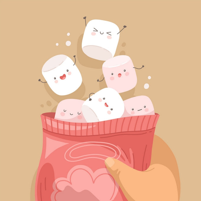 Kawaii marshmallows with smiling faces tumbling out of a bag