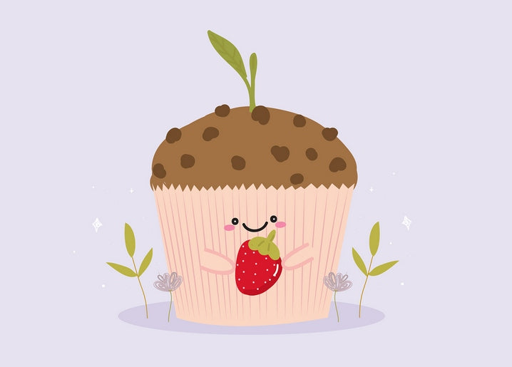 Kawaii chocolate-chip muffin character hugging a strawberry with a green sprout on top