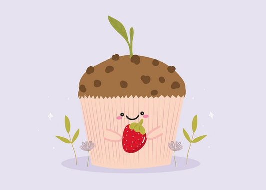 Kawaii chocolate-chip muffin character hugging a strawberry with a green sprout on top