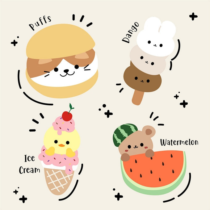 Kawaii sticker illustration of Puffs, Dango, Ice Cream and Watermelon bear characters