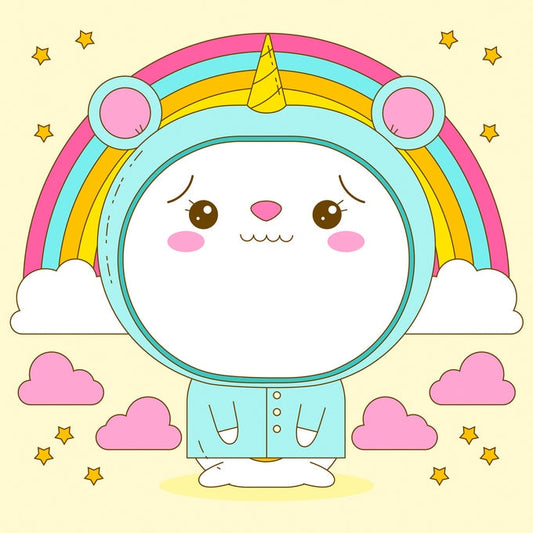 Kawaii creature wearing a rainbow unicorn hood among pink clouds and stars
