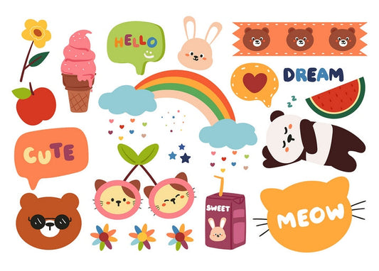 Кавайний колаж наліпок: панда, веселка, котики в окулярах і написи «Hello», «Cute»