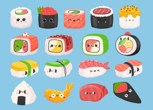 Grid of kawaii sushi pieces with cute faces — maki, nigiri, onigiri and shrimp tempura