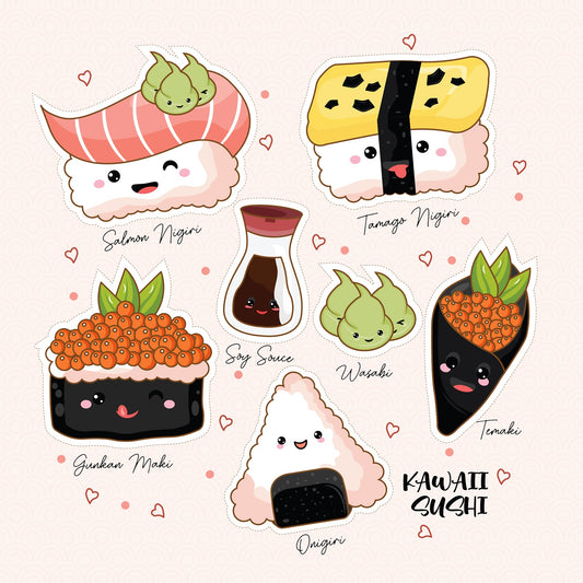 Kawaii sushi stickers: nigiri, gunkan maki, temaki, onigiri, soy sauce and wasabi characters