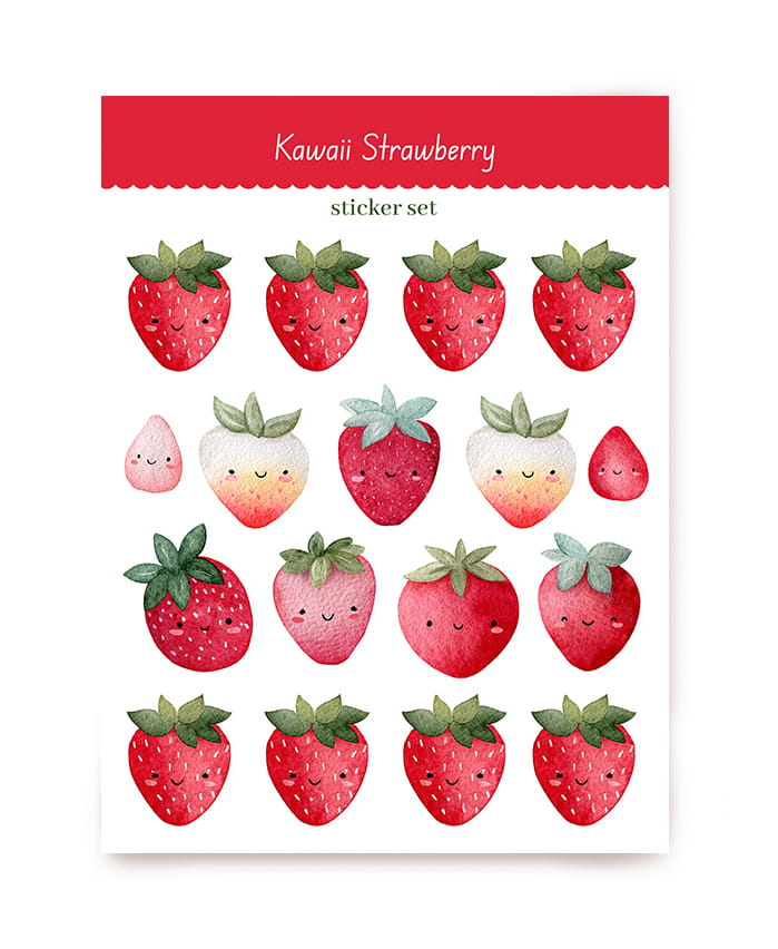 Aquarell-Kawaii-Erdbeersticker in Rot- und Rosatönen