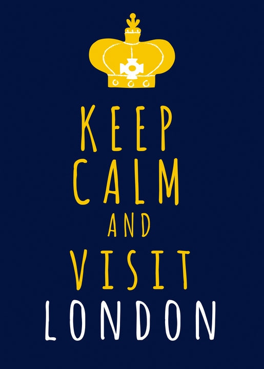 Dunkelblaue Postkarte mit goldener Krone und Spruch „Keep Calm and Visit London“