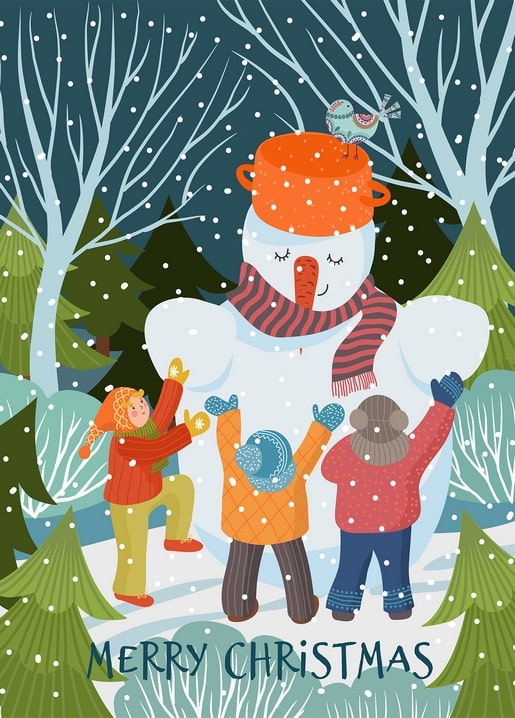 Illustration von drei Kindern, die im Schnee einen riesigen Schneemann mit Kochtopfhut bauen, Schriftzug Merry Christmas