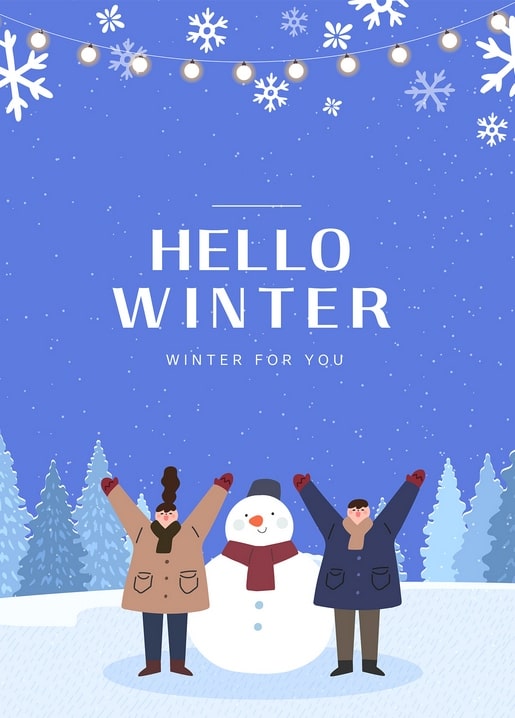 Zwei Kinder jubeln neben einem Schneemann im Schneefall, Schriftzug Hello Winter
