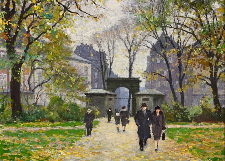 Herbstlicher Weg im Königsgarten Kopenhagen mit Backsteintor, Gemälde von Paul Fischer
