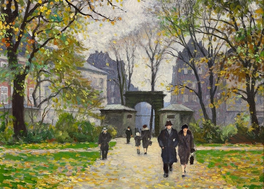 Herbstlicher Weg im Königsgarten Kopenhagen mit Backsteintor, Gemälde von Paul Fischer