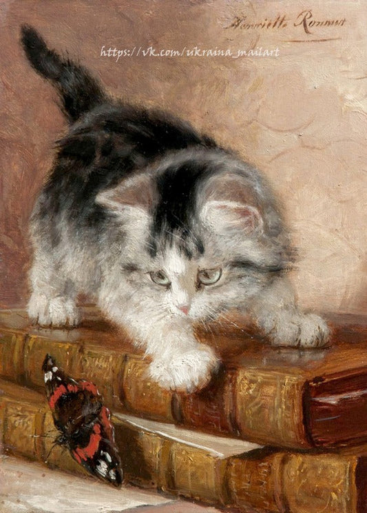 Сіре смугасте кошеня на книгах тягнеться до метелика-адмірала, картина Роннер-Кніп