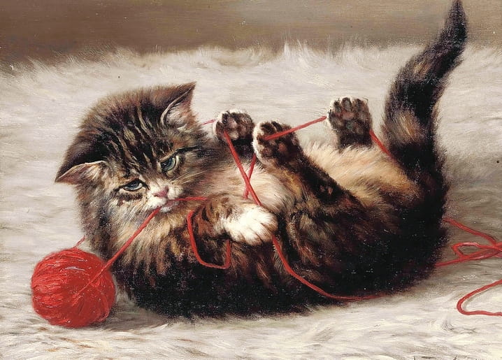 Painting of a tabby kitten on its back wrestling a red ball of yarn on a sheepskin rug.