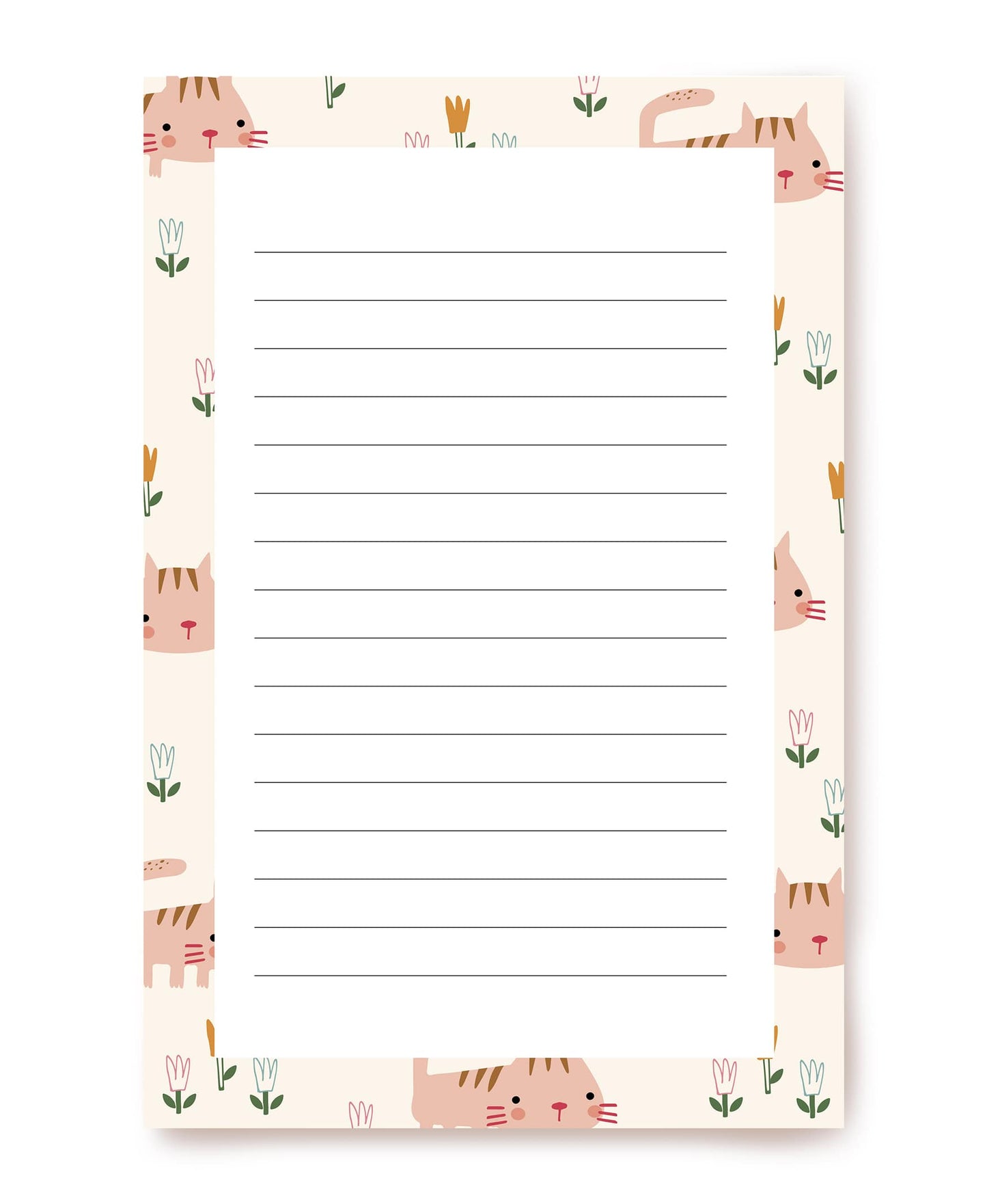 Peach writing paper with striped kittens and small tulips along the border