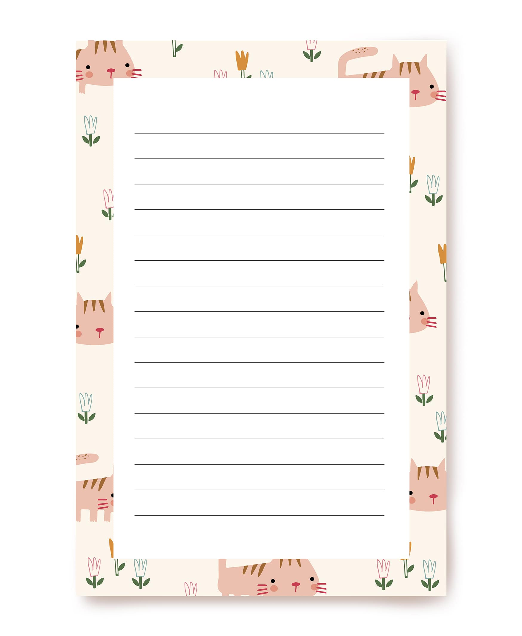 Peach writing paper with striped kittens and small tulips along the border