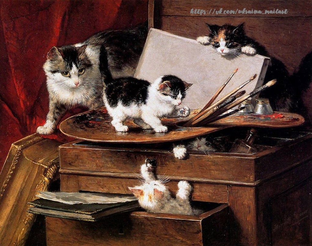 Watercolor painting of kittens playing with an artist's palette and paintbrushes, by Henriette Ronner-Knip