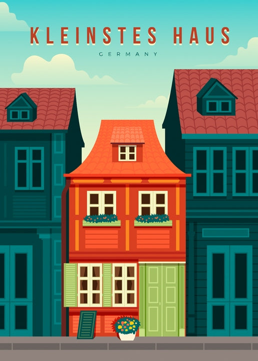 Illustration des schmalen roten „Kleinsten Hauses“ mit grünen Fensterläden