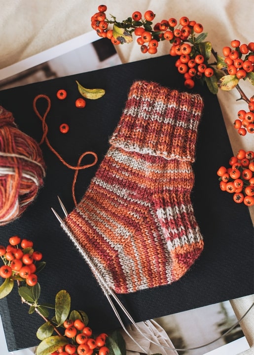 Handgestrickte rostfarbene Socke auf Nadeln, umgeben von Vogelbeeren