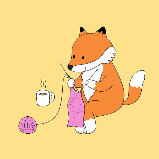 Illustrated fox knitting a pink scarf beside a cup of coffee and a ball of yarn