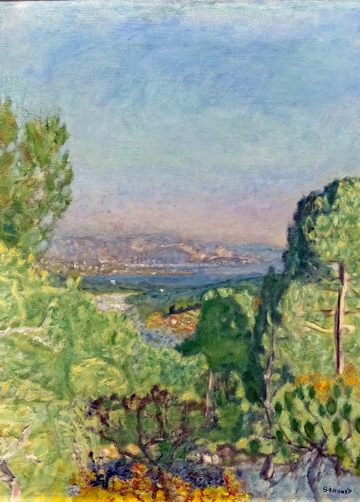 View of a hazy coastal bay through pine trees, Pierre Bonnard landscape painting