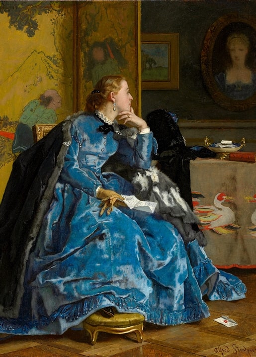 Gemälde „La Psyché“ von Alfred Stevens: Frau in blauer Seide auf roter Chaiselongue neben Wandschirm