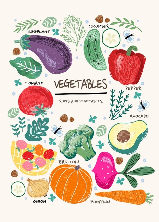 Hand-drawn illustration labeling ten vegetables including eggplant, pepper, broccoli and pumpkin