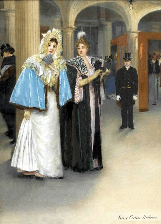 Zwei elegante Damen der Belle Époque durchqueren ein Theaterfoyer, Gemälde von Pierre Carrier-Belleuse