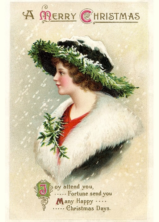 Vintage portrait postcard of a young woman in a fur collar and pine-trimmed winter hat in falling snow
