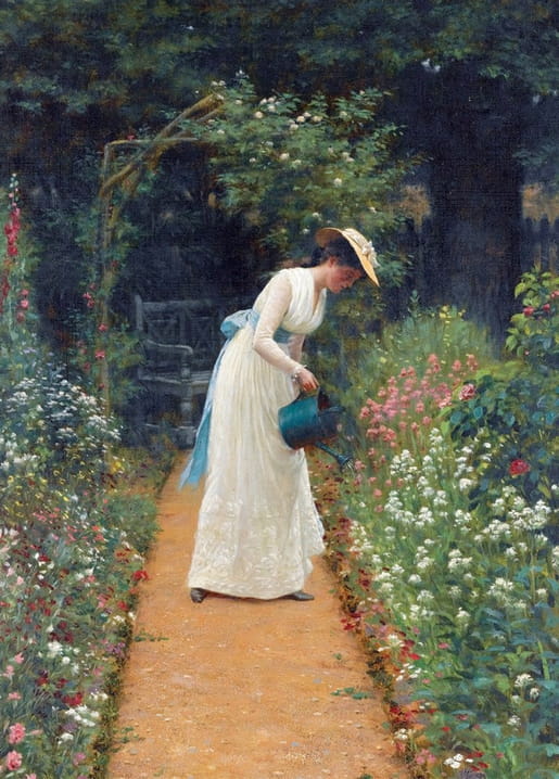 Woman in a white dress watering flowers along a garden path, oil painting by Edmund Blair Leighton