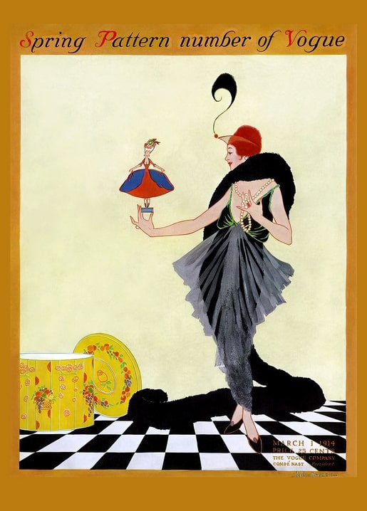 Vintage Vogue Spring Pattern cover of a woman holding a small marionette on a checkerboard floor