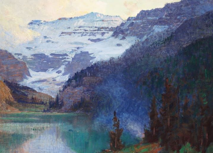 Turquoise Lake Louise beneath snow-capped mountains and pine forest, painting by Edward Henry Potthast
