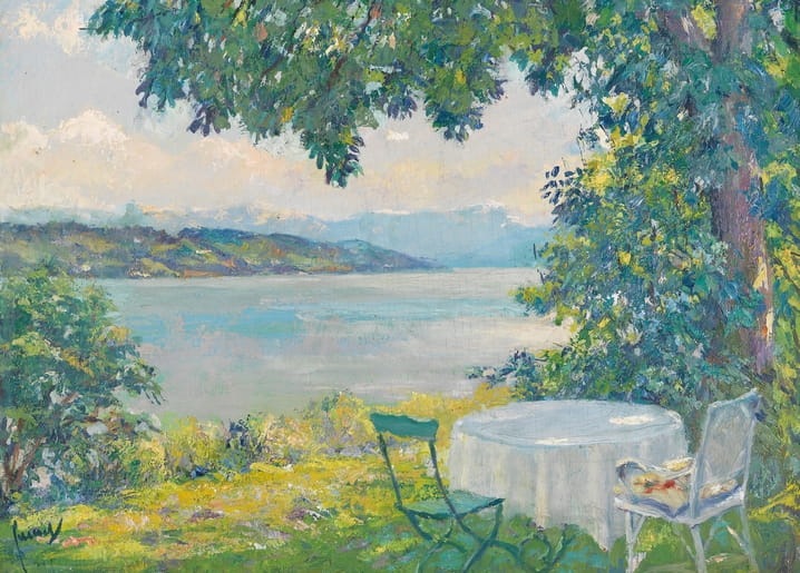Impressionist painting of Lake Starnberg with an empty garden table, chair, and Alps in the distance