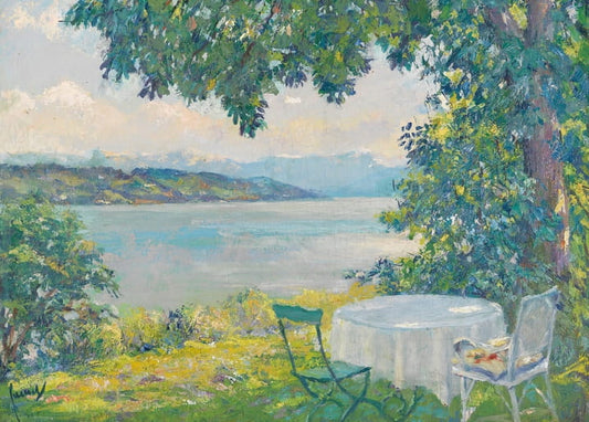 Impressionist painting of Lake Starnberg with an empty garden table, chair, and Alps in the distance