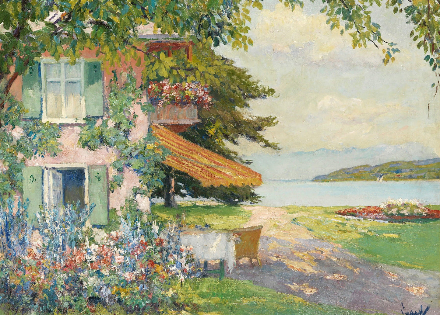 Pink cottage garden with striped awning overlooking Lake Starnberg, painting by Edward Cucuel