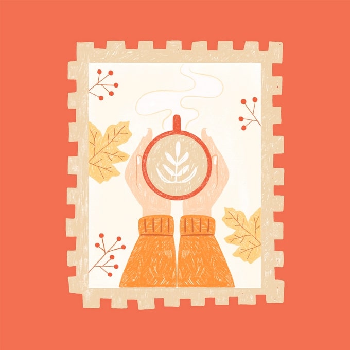 Postcard of hands holding a leaf-art latte inside a postage-stamp frame with autumn leaves