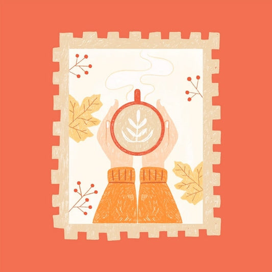 Postcard of hands holding a leaf-art latte inside a postage-stamp frame with autumn leaves