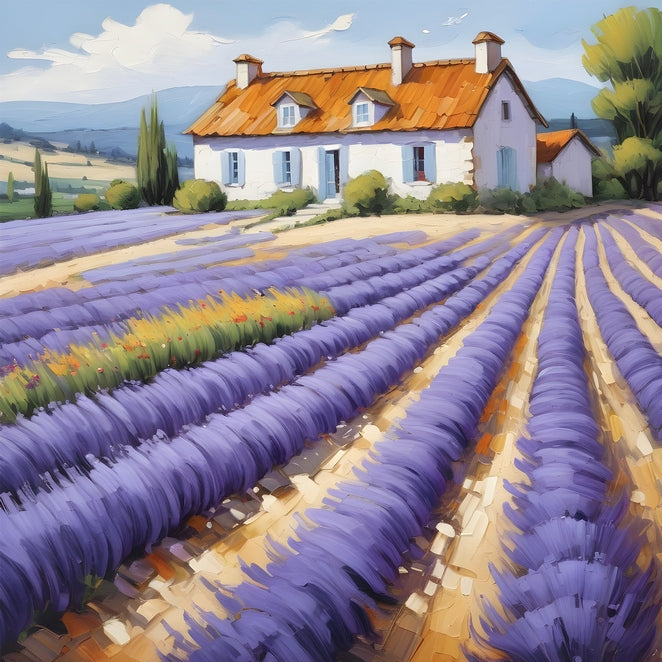 Gemälde eines weißen Bauernhauses zwischen violetten Lavendelfeldern mit Hügeln im Hintergrund.